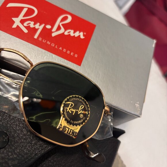 Ray-Ban Hexagonal Sunglasses Green Lenses Gold Metal Frame Adjustable Nosepads - Picture 2 of 11